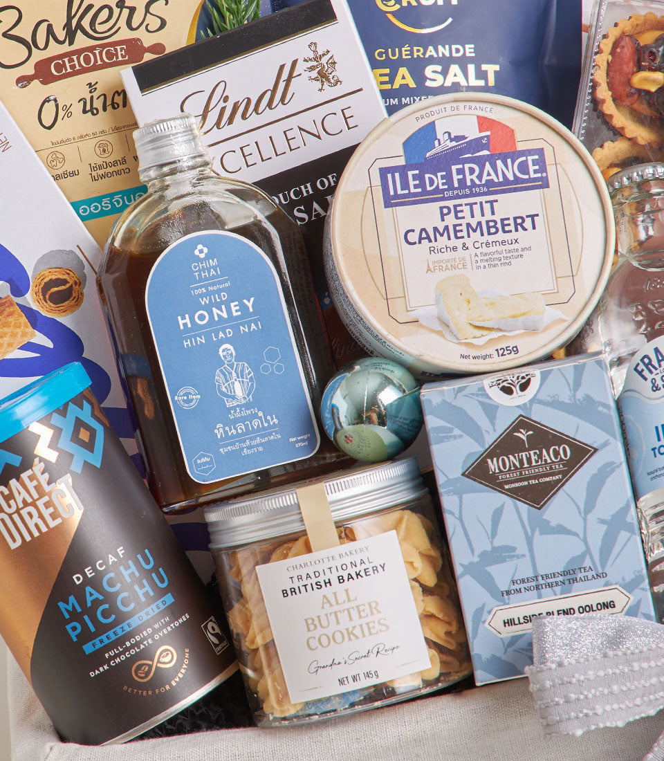 Premium sea salt dark chocolate and camembert gourmet gift hamper with honey, coffee, and artisan treats