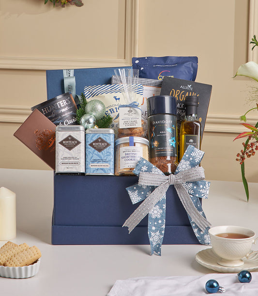 Luxury New Year gift hamper with black truffle, bird's nest, premium chocolates, gourmet teas and artisan treats in festive