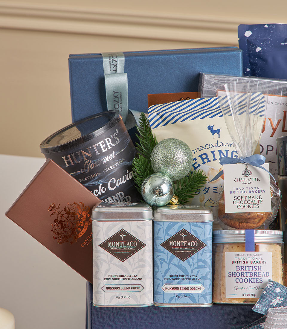 Luxury black truffle and gourmet hamper with caviar, premium teas, and chocolates for New Year gifting