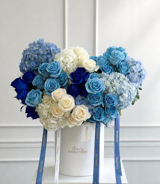 Ocean Blue Rose & Hydrangea Leather Flower Box
