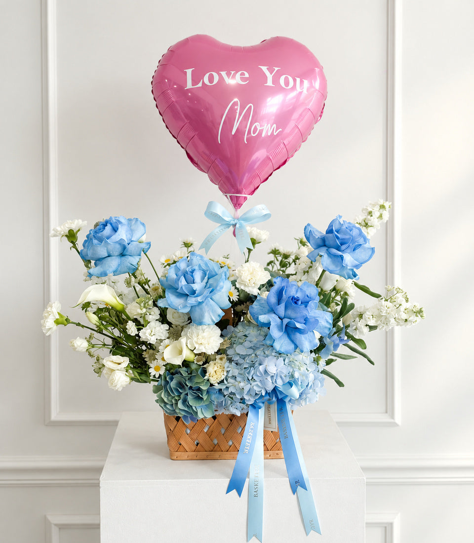 Love You Mom Blue Rose & Hydrangea Balloon Basket
