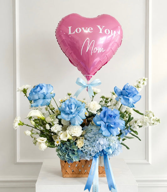 Love You Mom Blue Rose & Hydrangea Balloon Basket