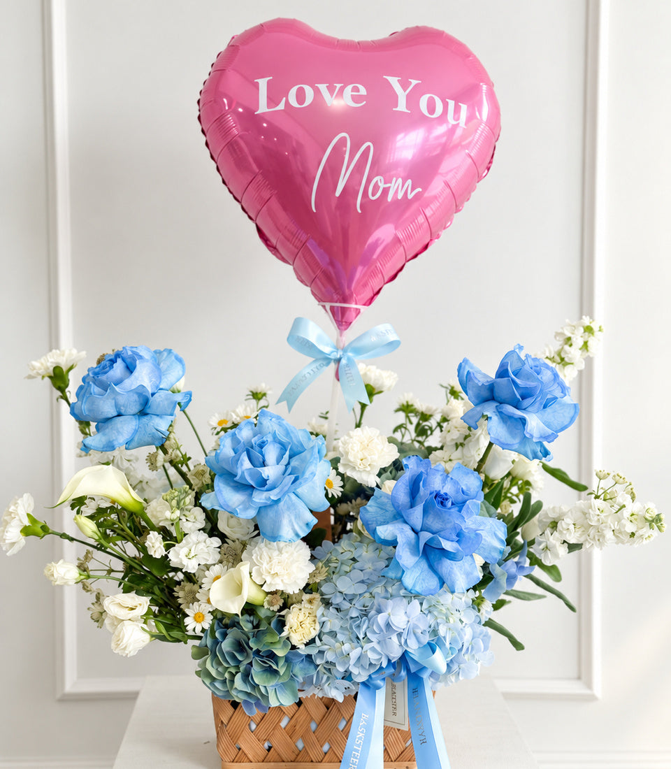Love You Mom Blue Rose & Hydrangea Balloon Basket