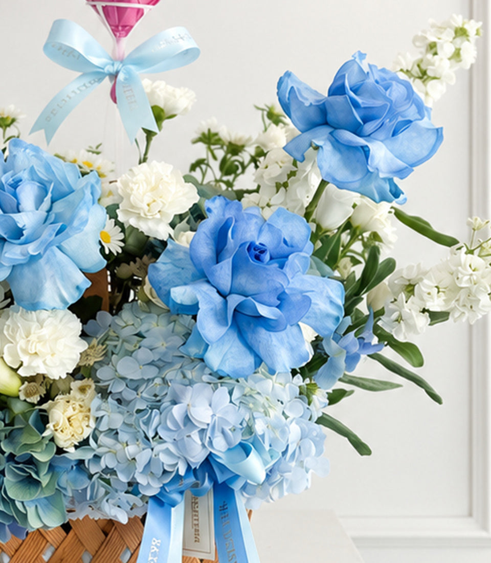 Love You Mom Blue Rose & Hydrangea Balloon Basket