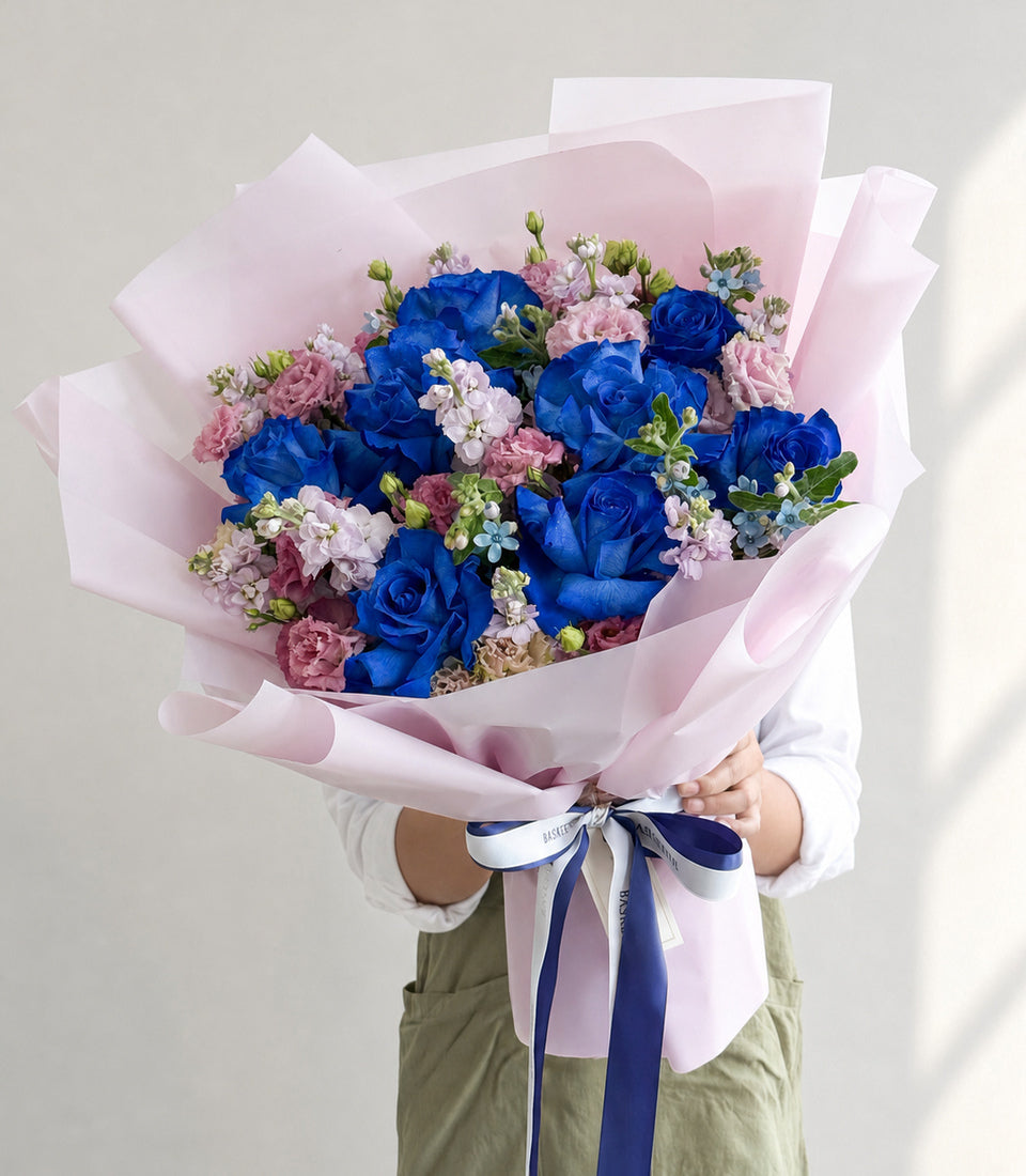 Royal Blue Rose & Pastel Garden Bouquet