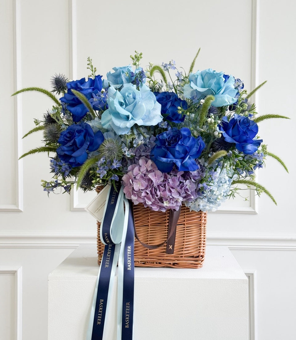Azure Haven Tinted Blue Rose Flower Basket