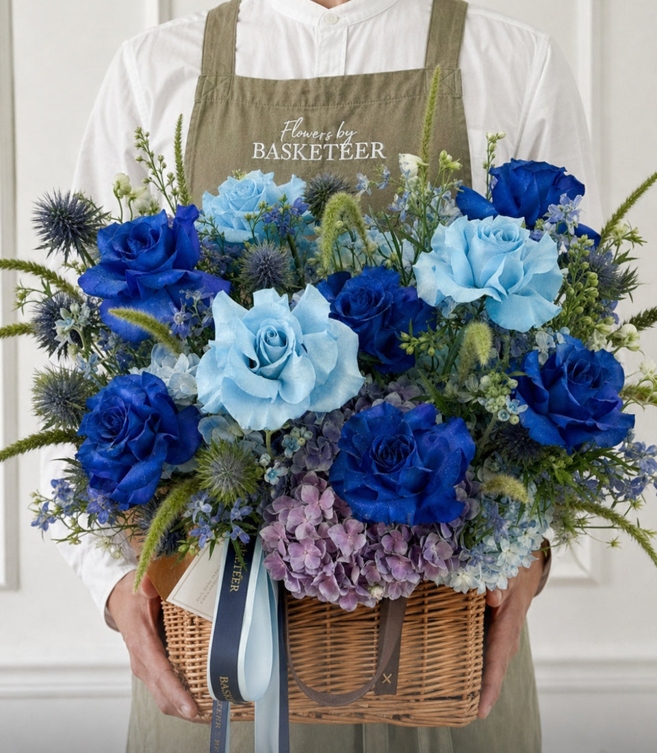 Azure Haven Tinted Blue Rose Flower Basket