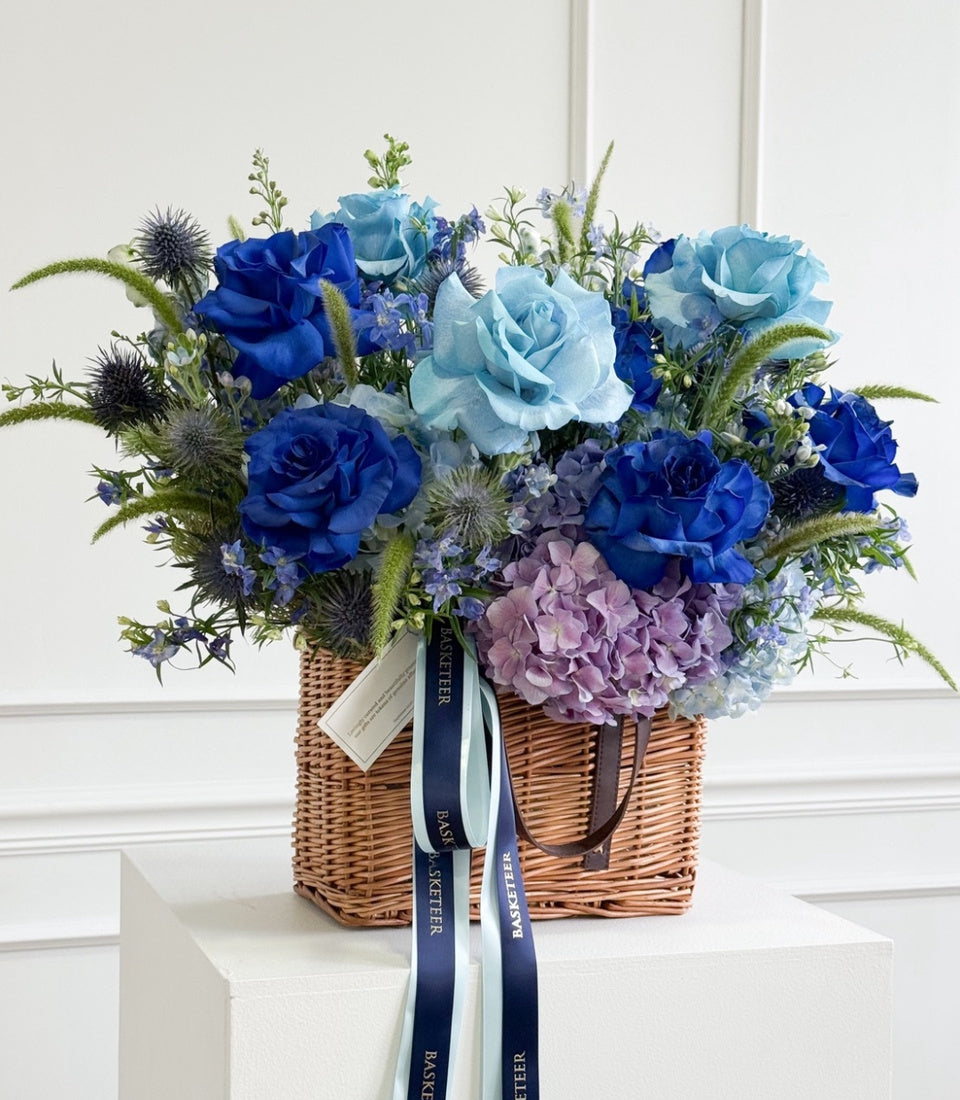 Azure Haven Tinted Blue Rose Flower Basket