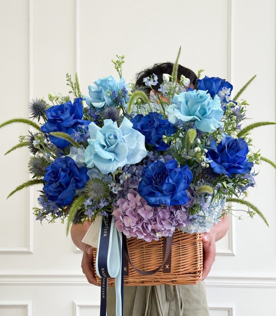 Azure Haven Tinted Blue Rose Flower Basket