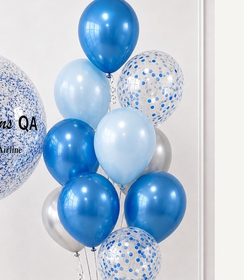 Blue and light blue metallic balloons with blue confetti-filled clear balloons arranged in a cluster against a white background.