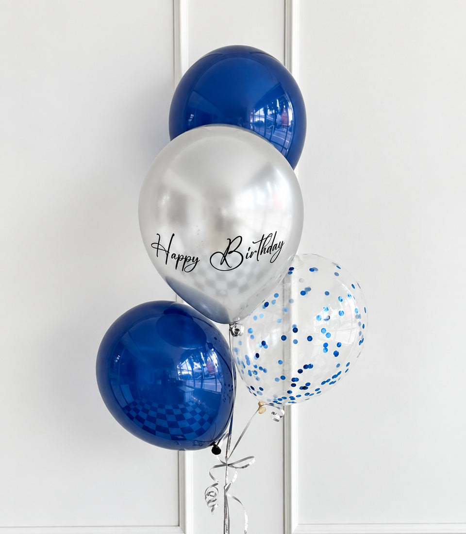 Midnight blue and silver personalized balloon set with clear blue confetti balloon