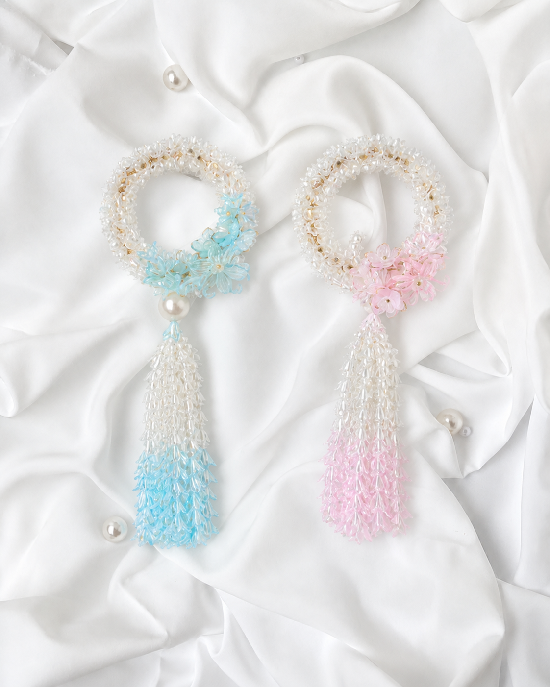 Basketeer's luxurious beaded jasmine garlands in delicate pink and blue
