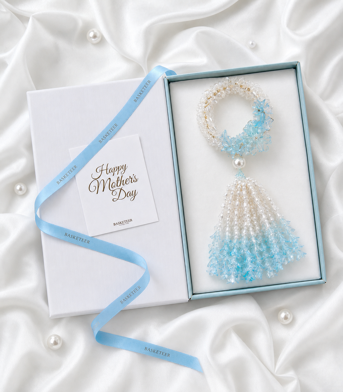 Basketeer premium gift box with an exquisite beaded jasmine garland in white and blue