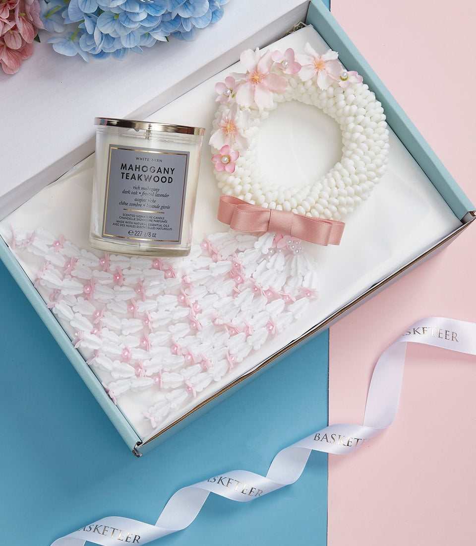 Mahogany Teakwood scented candle with pink cherry blossom garlands Mother's Day gift set