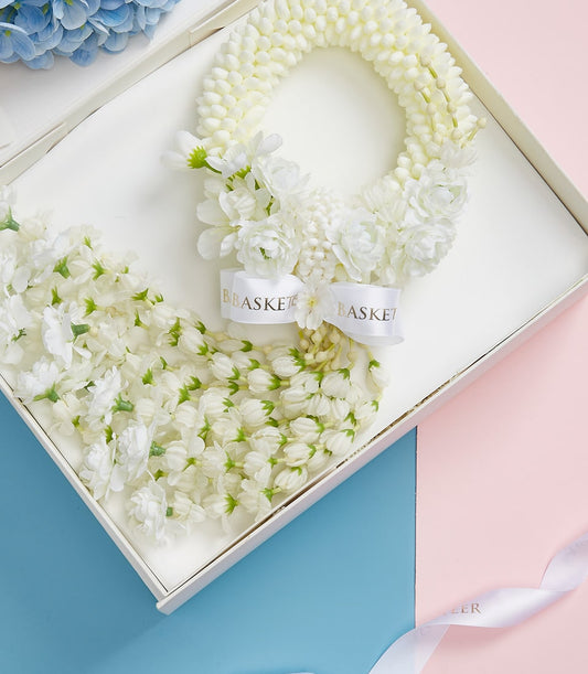 White jasmine garland Phuang Malai in gift box, Mother's Day floral present with gold ribbon