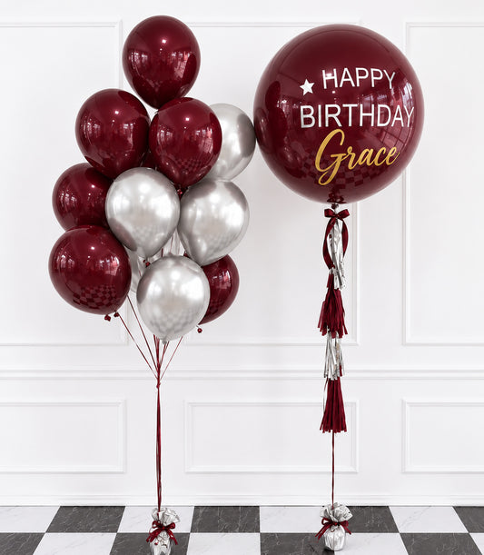 Basketeer's luxurious birthday gift set: a large burgundy balloon