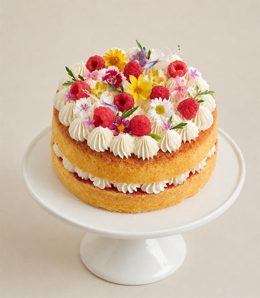 Charlotte Bakery artisan round sponge cake with raspberry jam, visible buttercream swirls,