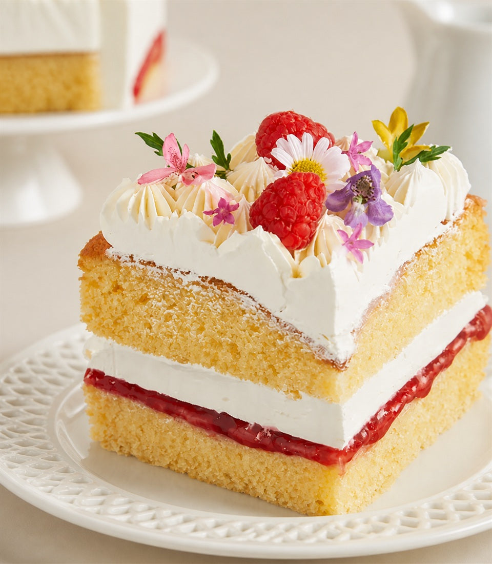 Charlotte Bakery artisan raspberry buttercream sponge cake slice, adorned with fresh berries and