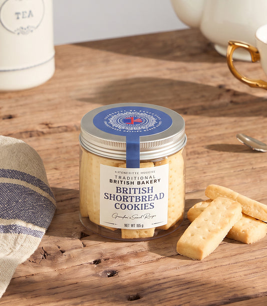 Artisan Charlotte Bakery British shortbread cookies in a clear jar with blue