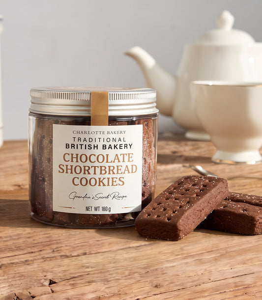 Charlotte Bakery's traditional British chocolate shortbread cookies in a clear jar, with