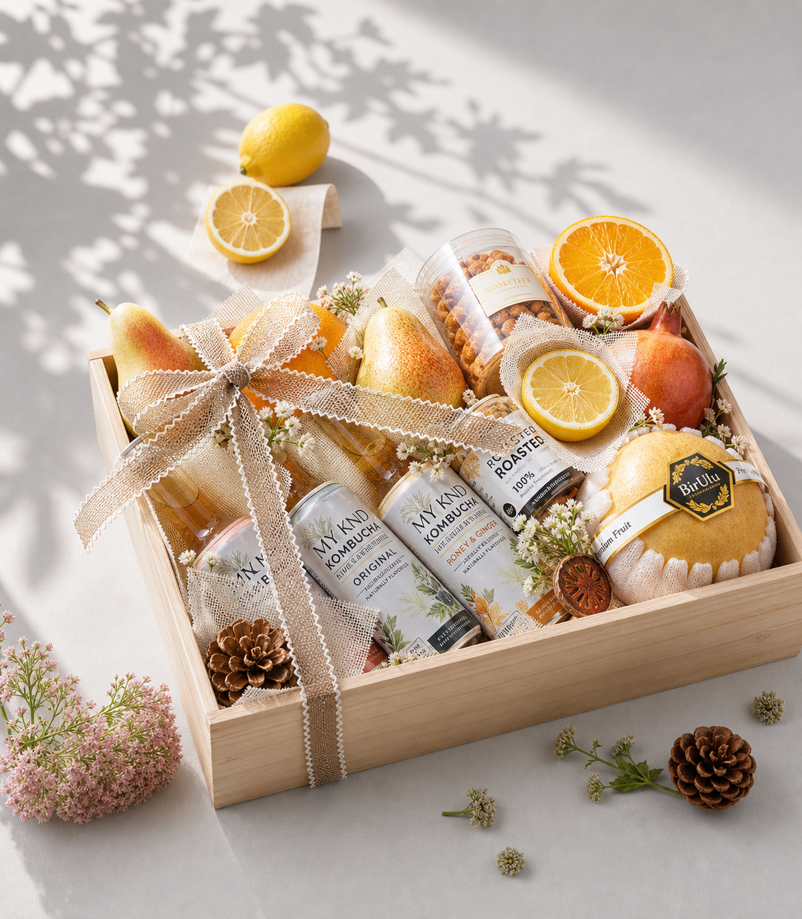 Basketeer's premium fruit and health hamper in a light wooden crate