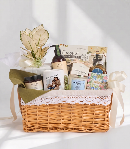 Basketeer's luxurious wellness hamper featuring a wicker basket with lace trim,