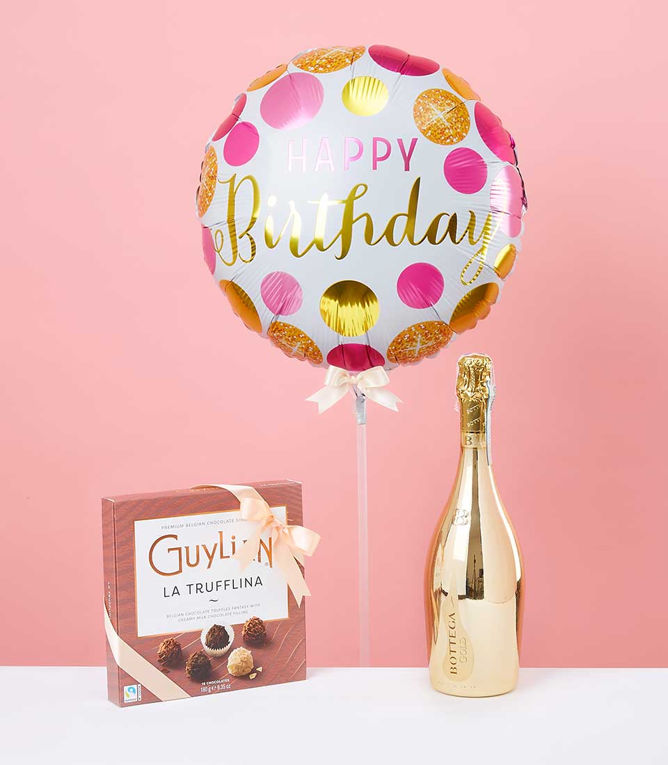 Polka dot Happy Birthday balloon with champagne and luxury chocolates gift set
