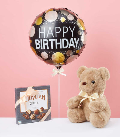 Black polka dot birthday balloon with plush teddy bear and luxury chocolate gift set