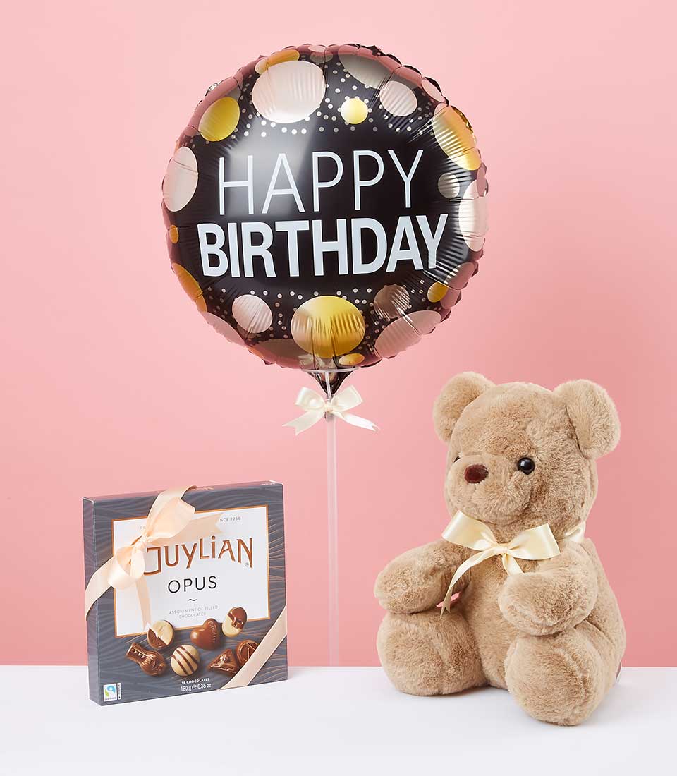 Black polka dot birthday balloon with plush teddy bear and luxury chocolate gift set