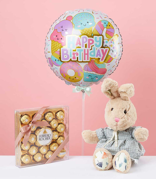Plush bunny with Happy Birthday balloon, Ferrero Rocher chocolates, and light blue plaid dress gift set