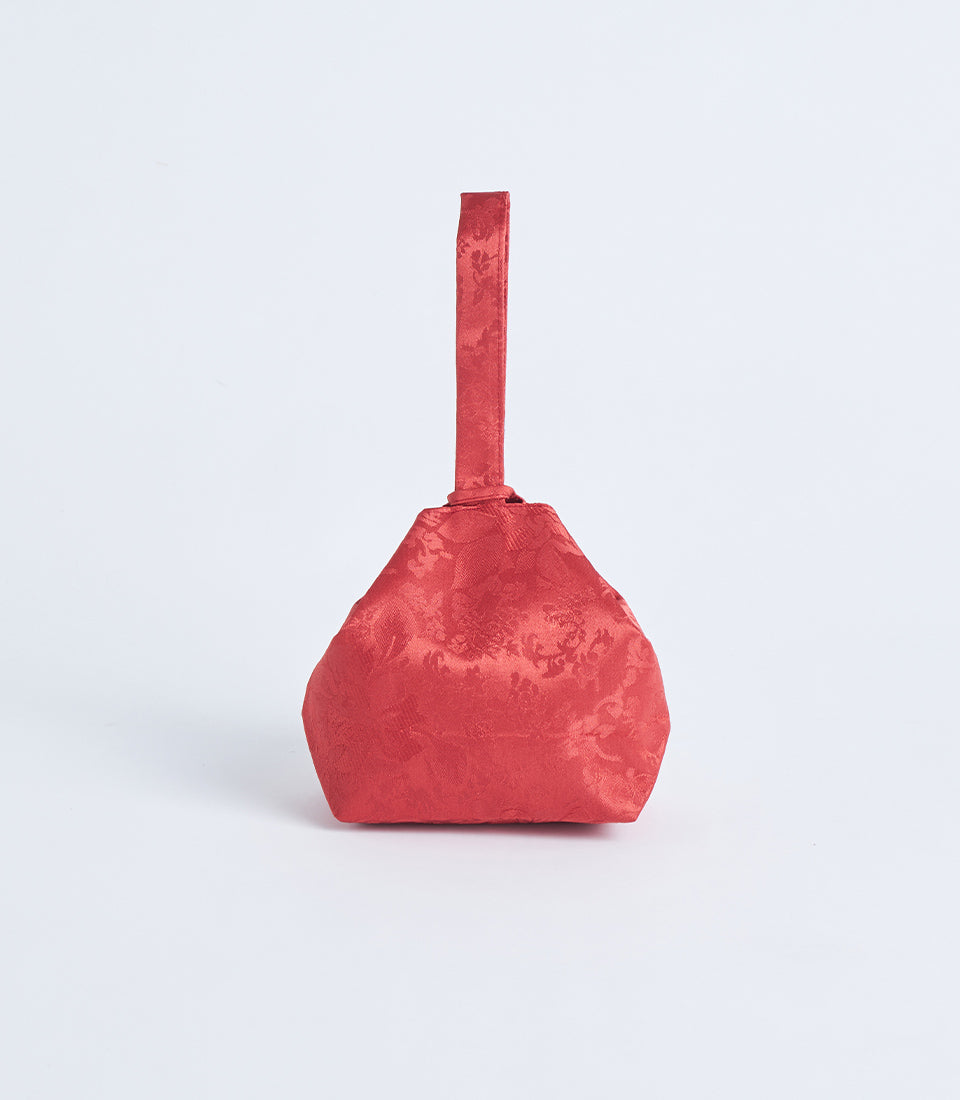 Luxury red brocade fabric gift pouch with flat handle, artisan presentation hamper