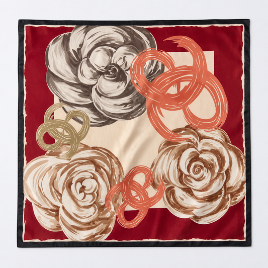 Basketeer's luxurious silk scarf featuring elegant floral patterns in warm browns