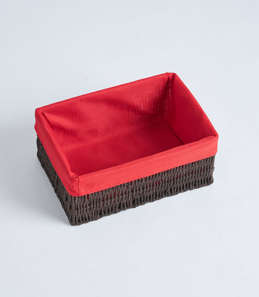 Handwoven rectangular wicker basket with removable red fabric liner for luxury gift hampers