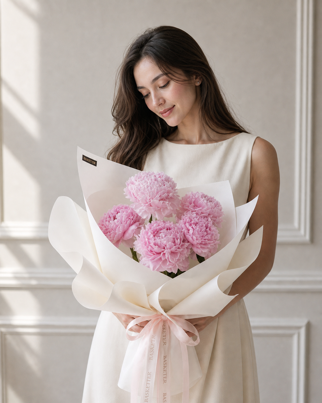A beautiful bouquet of fluffy pink peonies, elegantly wrapped in cream paper with a