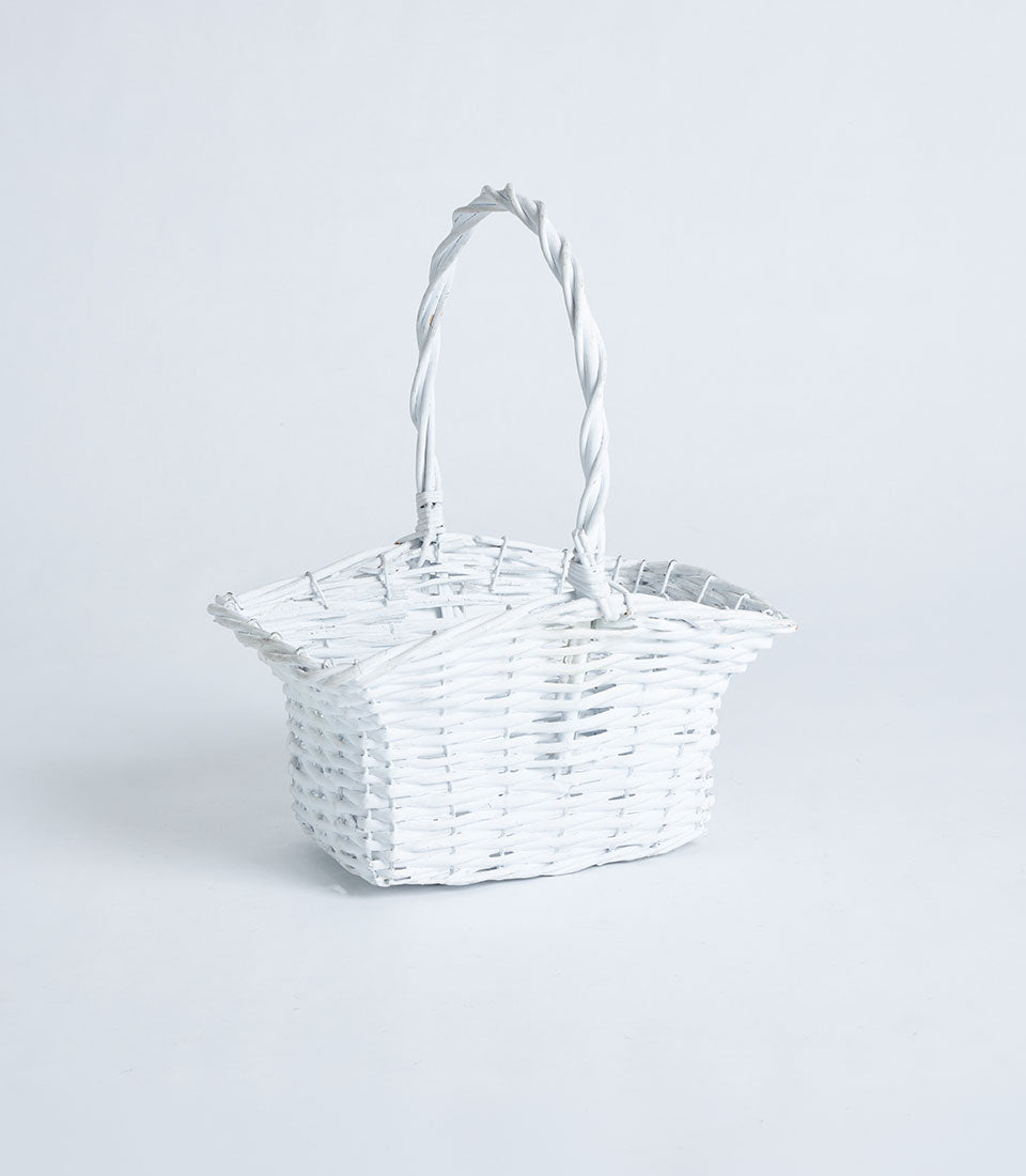 White wicker flared basket with twisted handle for luxury gift hampers