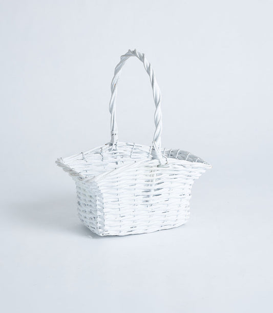 White wicker flared basket with twisted handle for luxury gift hampers