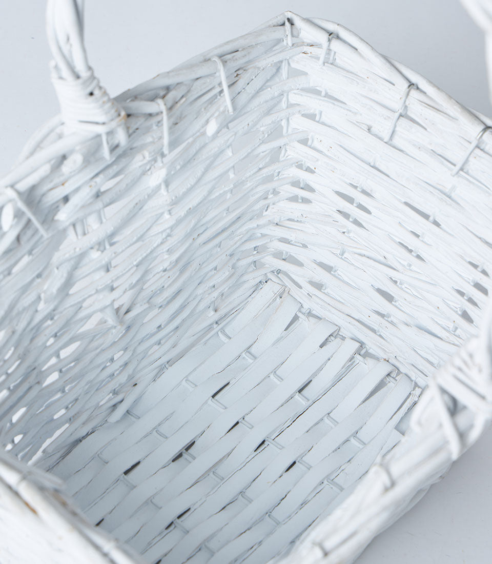 White wicker flared basket with handle, handcrafted gift hamper container