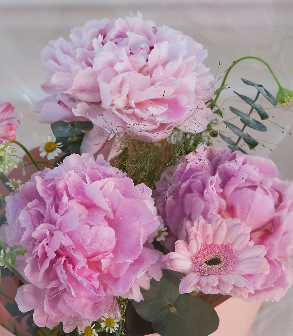 A romantic blush pink peony bouquet from Flowers by Basketeer, featuring delicate daisies,