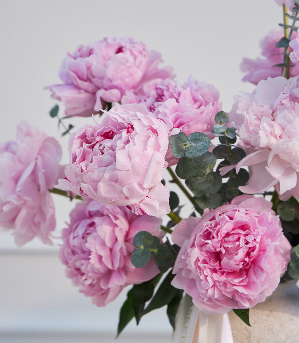Lush blush pink peony vase arrangement with fresh eucalyptus, tied with an elegant