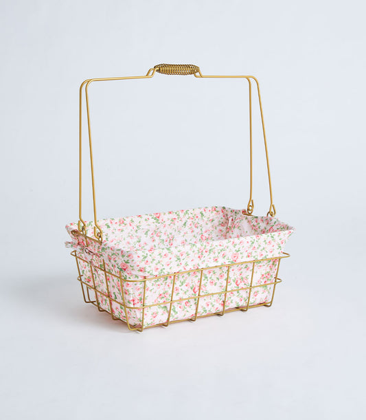 Gold rectangular wire basket with floral fabric lining and arched handle for luxury gift hampers