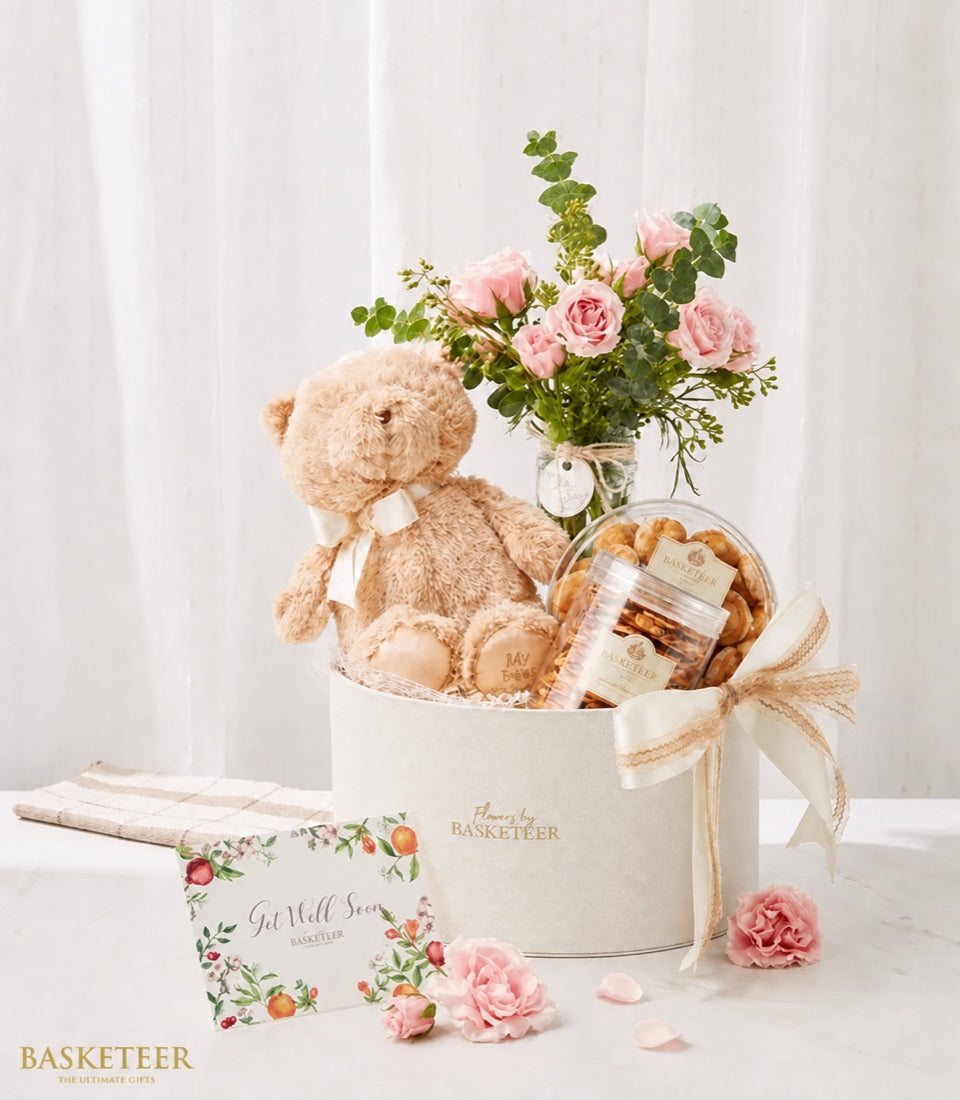 Basketeer's charming get well luxury gift hamper with a plush teddy