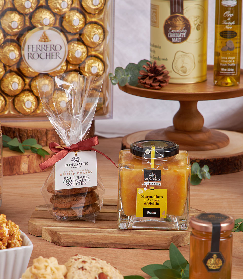 Golden Breakfast & Picnic Gift Basket with gourmet chocolates, British bakery cookies, marmalade, honey, and truffle oil for