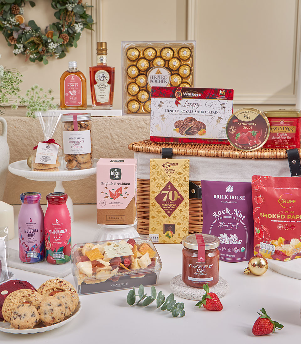 Luxury Prosperity New Year gourmet gift basket with premium shortbread, chocolates, tea, and artisan treats