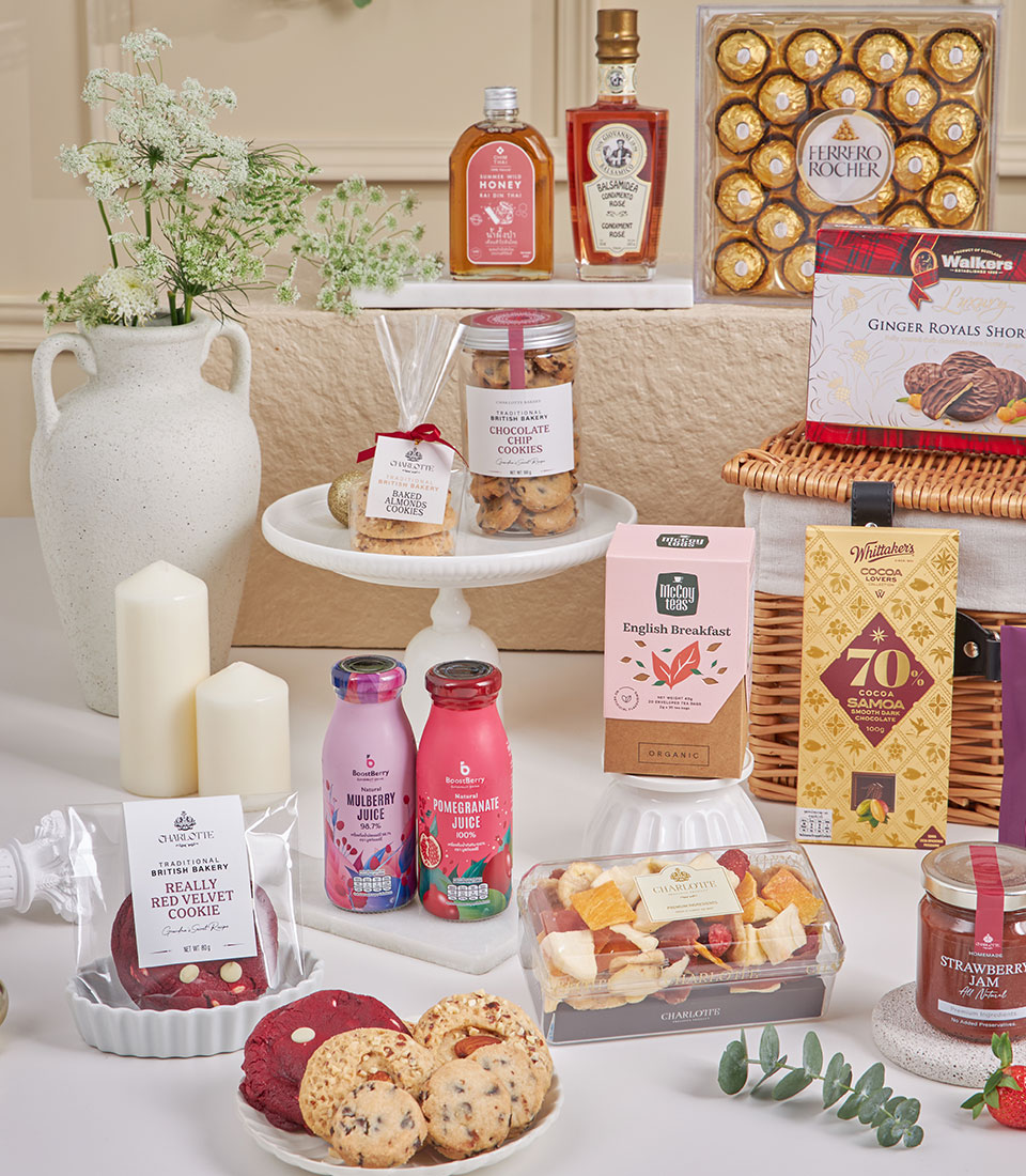 Luxury Prosperity New Year gourmet hamper with Ferrero Rocher, shortbread, artisan cookies, chocolates, and premium