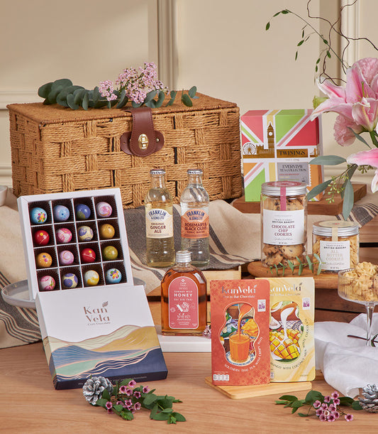 Luxury London & Thai tea chocolate hamper with wicker basket, gourmet beverages, and artisan treats for New Year gifting