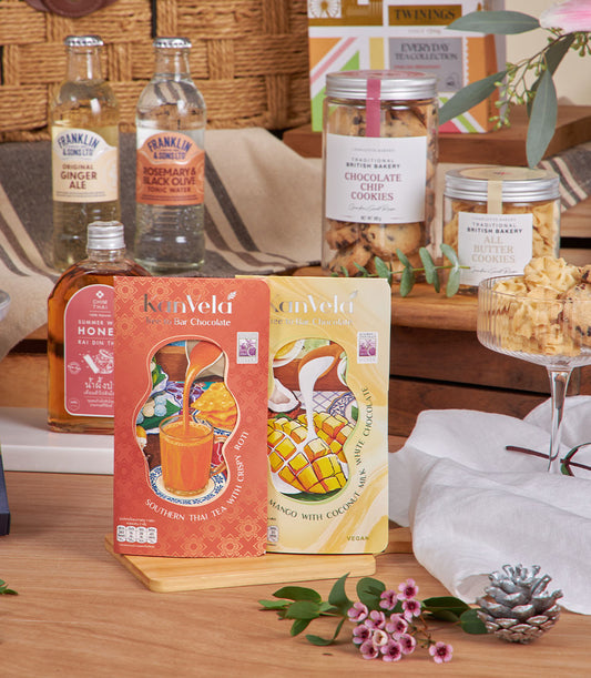 Luxury London and Thai tea chocolate hamper with award-winning chocolate bars, gourmet cookies, and artisan beverages for