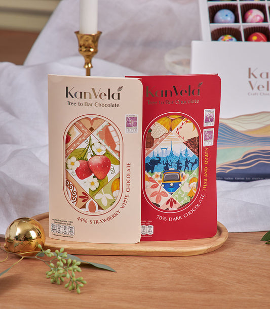 Luxury champagne-style chocolate gift box with tree-to-bar artisan bars, strawberry white and Thai dark chocolate, New Year