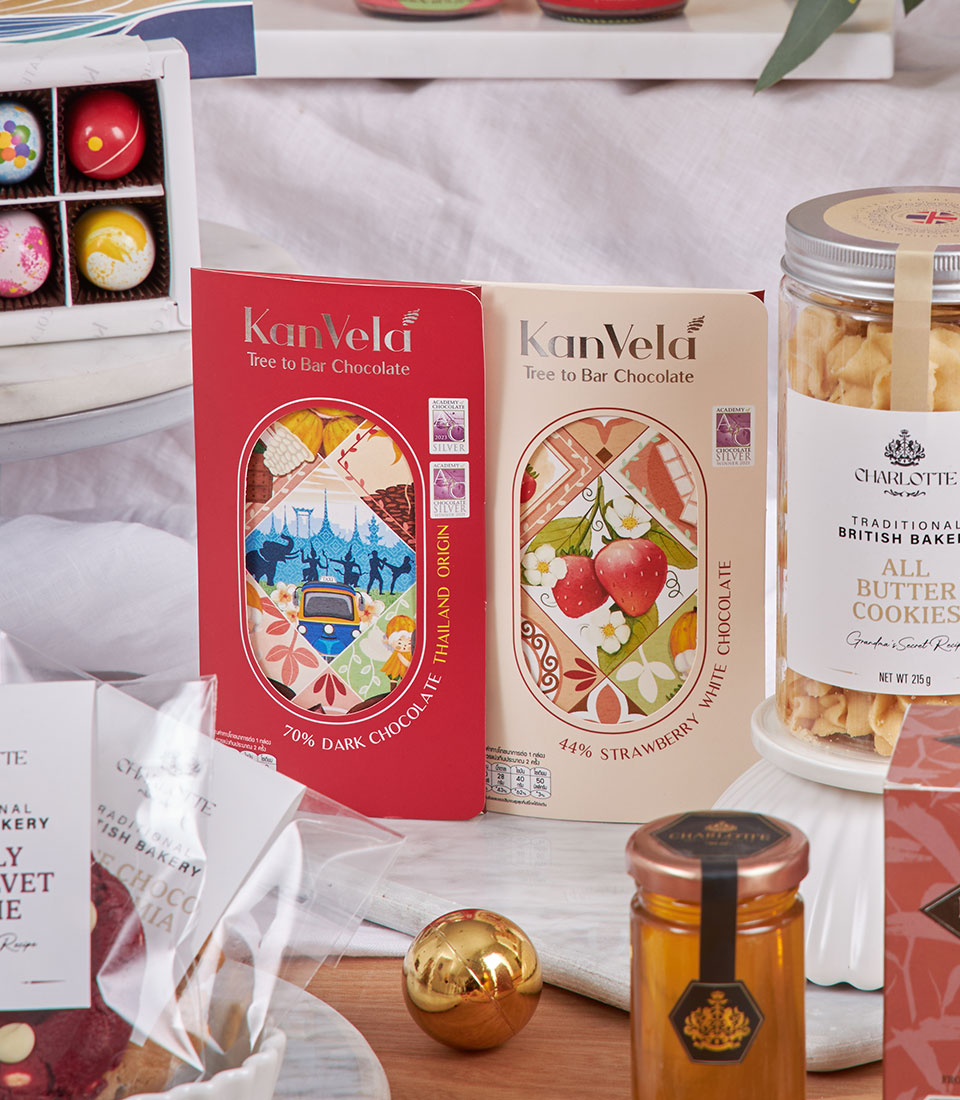 Pink Guava & Chocolate gourmet gift hamper with Thai dark chocolate, strawberry white chocolate, butter cookies, and honey