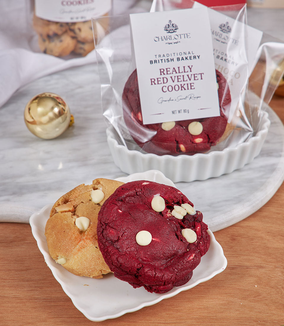 Luxury pink guava and chocolate tea hamper with red velvet cookies and white chocolate, premium New Year gift basket