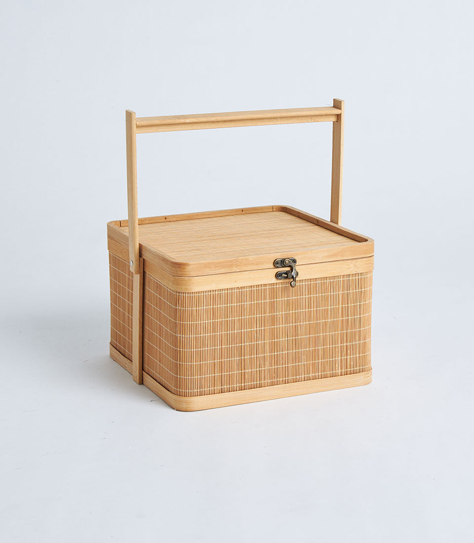 Natural bamboo square basket with metal clasp and folding handle for storage and gifting